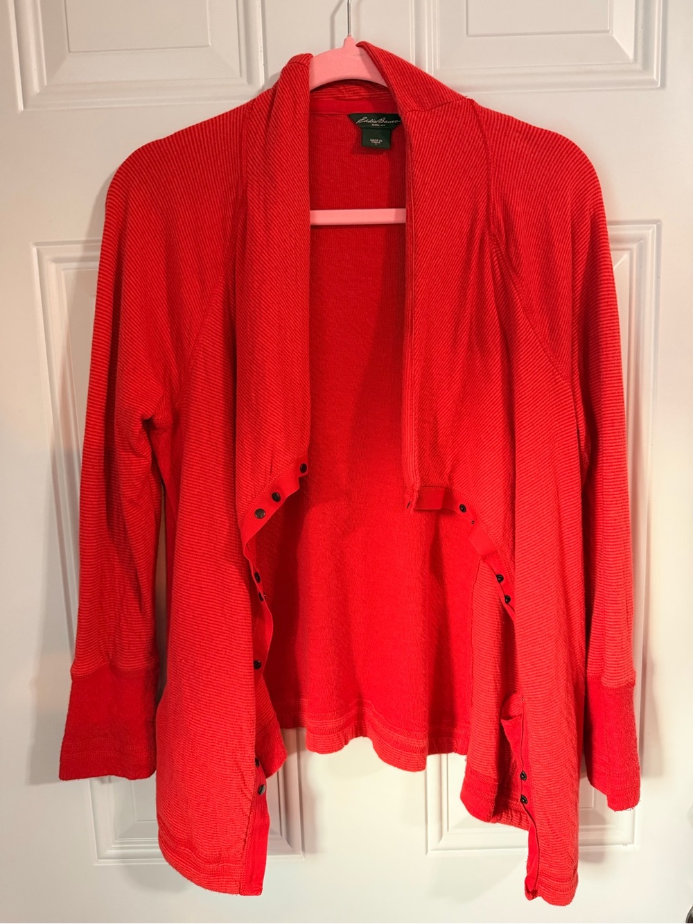 Eddie Bauer Bright Red Open-Front Knit Cardigan with Button Accents